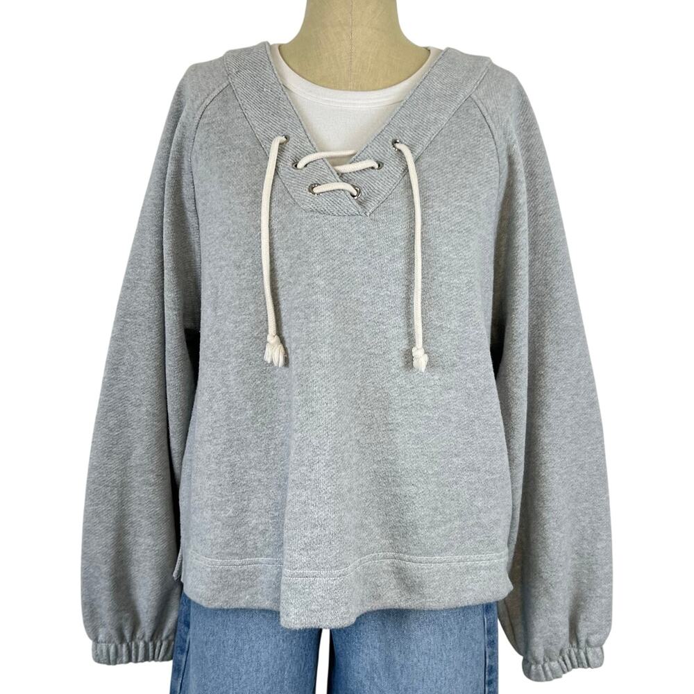 Aerie Women's Light Gray V-Neck Lace Up Front Oversized Pullover Sweater (Sz M)